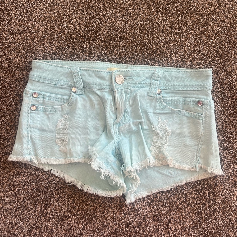 Light Blue/Teal Distressed Women Shorts